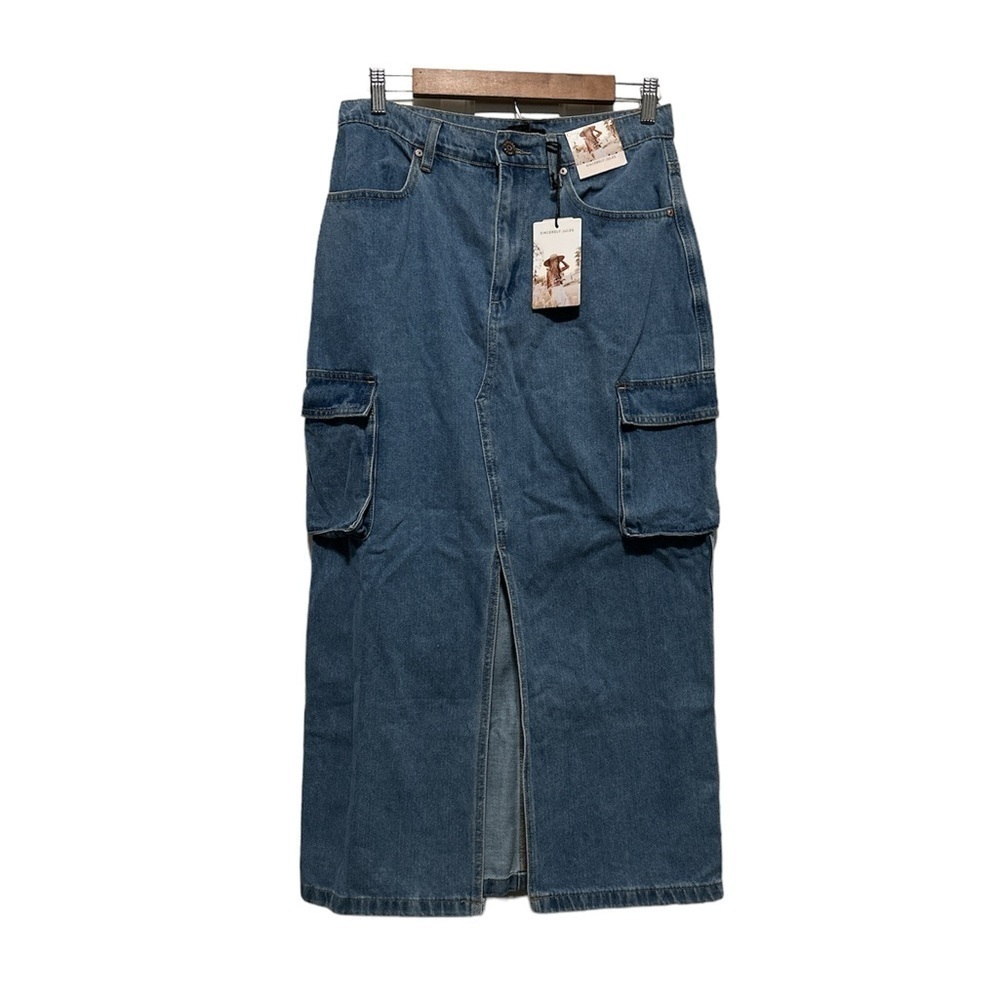Sincerely Jules Women’s Denim Front Slit Retro Maxi Skirt Cargo Pocket Size 28